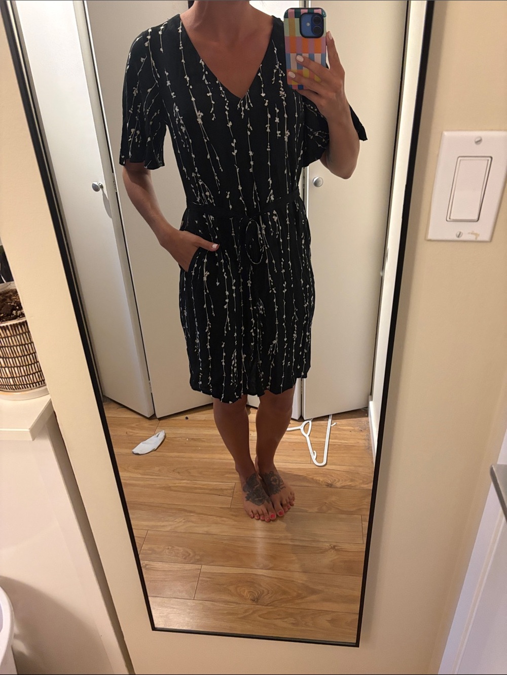 a new day Black Floral-Print V-Neck Tie-Waist Mini Dress